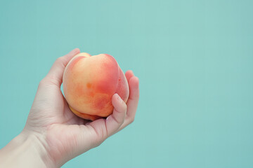 Fresh Summer Peach Held Gently in Hand Against a Turquoise Background Banner