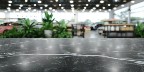 Table in auto centre. Blurred background. Car repair service interior. Table for product demonstration in auto shop. Store of accessories for car. Show product on marble table. Auto sale + blurred bg