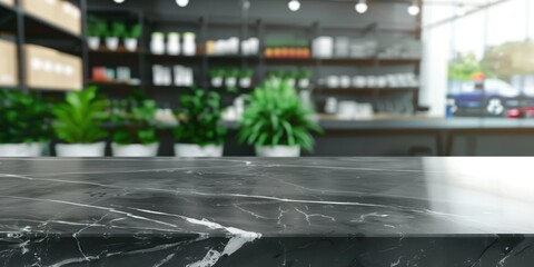A marble table in a shop with shelving. Blurred background. Table for demonstration of goods in a supermarket. Showing a product in a market. Large hypermarket. BG with blurring for ad + presentation - obrazy, fototapety, plakaty