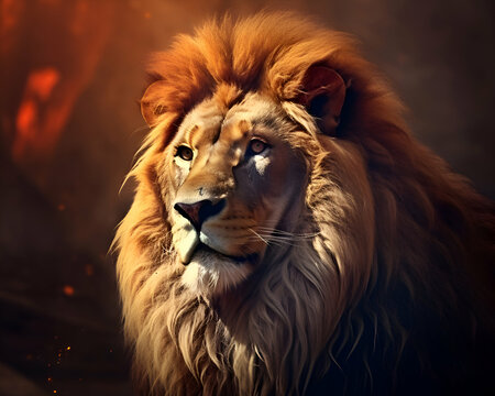 Portrait of a male lion with a fire on the background.