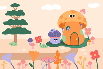 Fairy, gnome or elf cute home in mushroom. Nature landscape