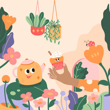 Friends drinking tea together. Concepts of party and cozy hot beverage