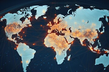 A map of the world with lines connecting major cities, illustrated as a map of the world, global networking and communication concept , Ai generated
