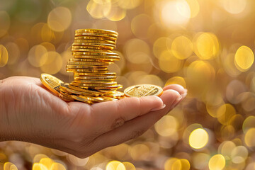 Shimmering Gold Coins Treasure in Hand - A Prosperity Banner - obrazy, fototapety, plakaty