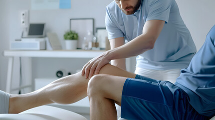 Male physical therapist doing healing treatment on mans knee in rehabilitation clinic. Professional physiotherapist or osteopath working in office. Physiotherapy and osteopathic medicine concept