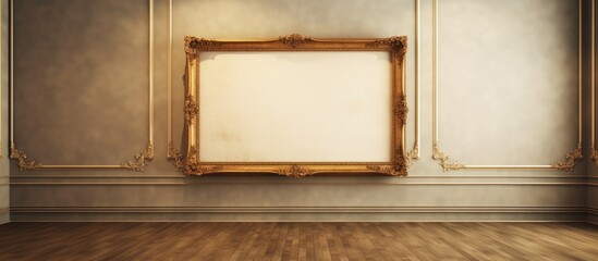 An empty room featuring a picture frame hanging on the wall. The room appears neat and orderly, with a distinct focus on the single frame.