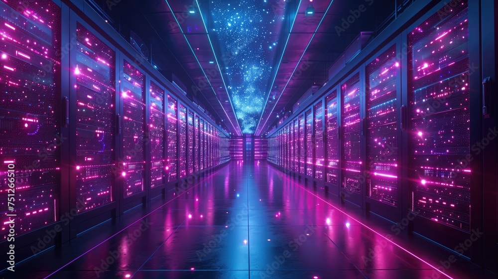 Wall mural Modern High Speed Data Center Server Room With Neon Lighting in A Dark Room