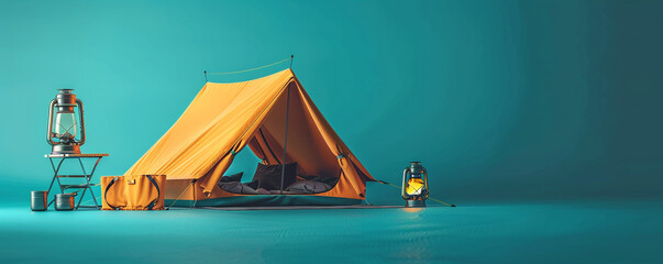 Camping stove, Cookware, Lantern, Tent, Copy space. 