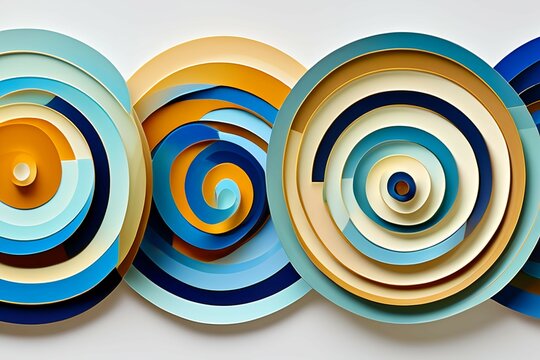 A background of abstract art patterns creative design wallpaper image showing a series of concentric circles in different shades of blue white orange colors 