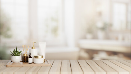 Fototapeta na wymiar A set of facial cream and a presentation space on a wooden desk in a modern white bathroom.
