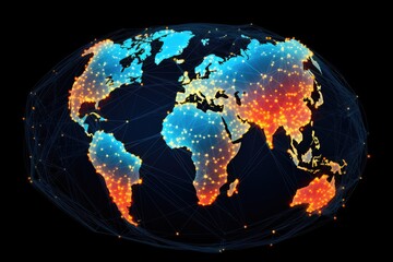 Interconnection of global networks illustrated as a map of the world, map with global technology networking concept. digital data visualization, Ai generated