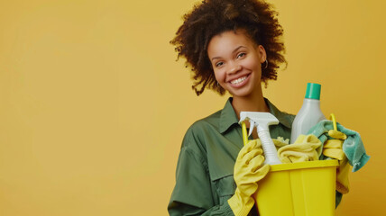 Joyful woman with cleaning supplies ready for a tidy-up session.
