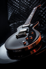 Close up view of a modern guitar Black color hyper realistic - obrazy, fototapety, plakaty