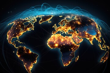 Interconnection of global networks illustrated as a map of the world, map with global technology...