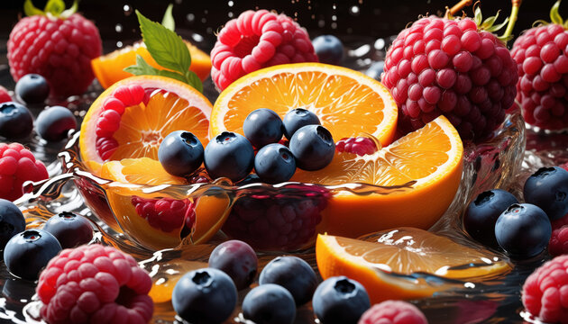 Fresh Citrus and Berries Splashing in Water, Vibrant Healthy Food