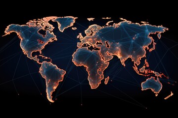 Interconnection of global networks illustrated as a map of the world, map with global technology networking concept. digital data visualization, Ai generated