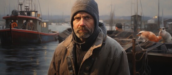 A fisherman stands in front of a group of boats docked at the harbor. The man is facing the boats, appearing to be inspecting or preparing them for the days work.