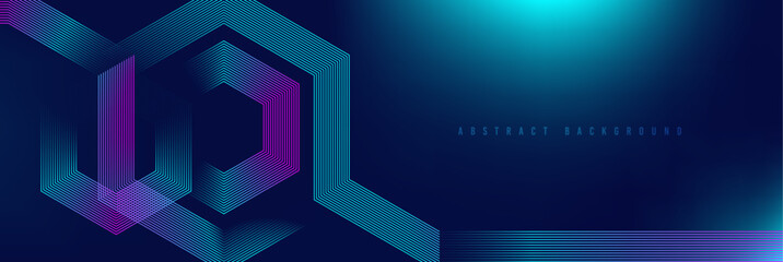 Abstract blue and pink glowing geometric lines on dark blue background.