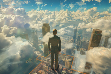 businessman in virtual reality glasses in cyberspace explores the meta universe