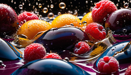Colorful Fresh Fruit Immersed in Water with Dynamic Splashing