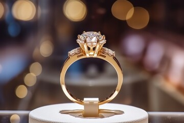 Wedding rings with diamonds on the table in a jewelry store with Copy Space