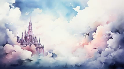 Fotobehang An air castle floating in the clouds, a watercolor postcard background © kichigin19
