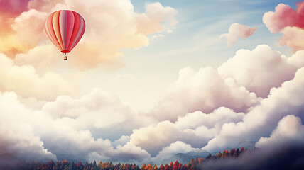 Fototapeta premium A balloon is flying about the sky among the clouds, a background postcard in watercolor style