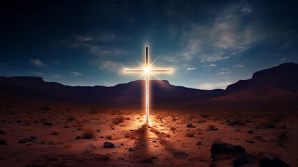 Holy cross, symbol of God, religion, faith, Jesus Christ, desert dunes, sky to the horizon - obrazy, fototapety, plakaty