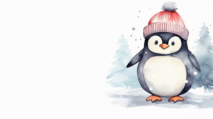 Fototapeta premium Funny baby penguin, a postcard with a cute winter character on a white background