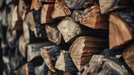 Textured close-up of stacked firewood, showcasing patterns of natural wood grain.