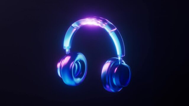 Loop animation of headphone with dark neon light effect, 3d rendering.