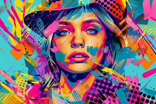 Pop art portrait young woman retro comic style colorful background