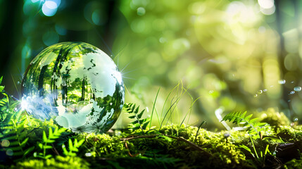 Obraz na płótnie Canvas Earth day concept with crystal globe creating a map on a mossy forest with the sun shining and green foliage