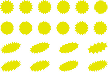 Starburst Yellow Sticker Set - collection of special offer sale oval and round shaped sunburst labels and badges. Promo stickers with star edges. Vector.