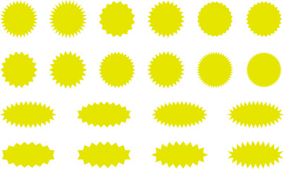 Starburst Yellow Sticker Set - collection of special offer sale oval and round shaped sunburst labels and badges. Promo stickers with star edges. Vector.
