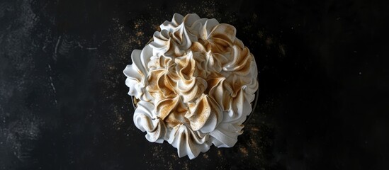 An aerial view of a meringue cake with smooth white icing placed on a sleek black surface. The contrast between the white icing and black backdrop creates a visually striking display.