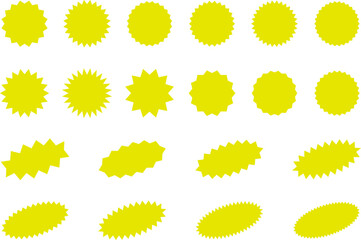 Starburst Yellow Sticker Set - collection of special offer sale oval and round shaped sunburst labels and badges. Promo stickers with star edges. Vector.