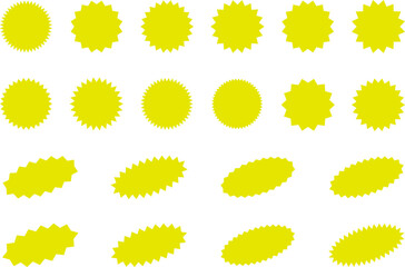 Starburst Yellow Sticker Set - collection of special offer sale oval and round shaped sunburst labels and badges. Promo stickers with star edges. Vector.