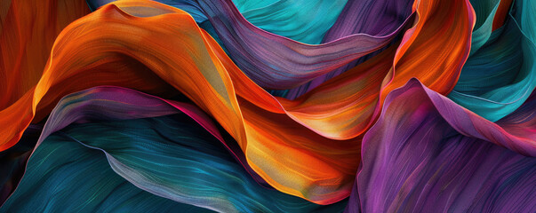 Textured orange, teal, purple and blue satin fabric fiber abstract background