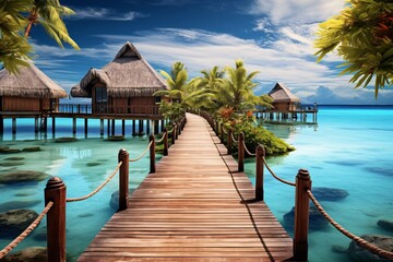 a wooden dock leading to a small island