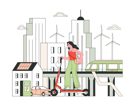 Air quality awareness. Sustainable urban transport. Woman on electric