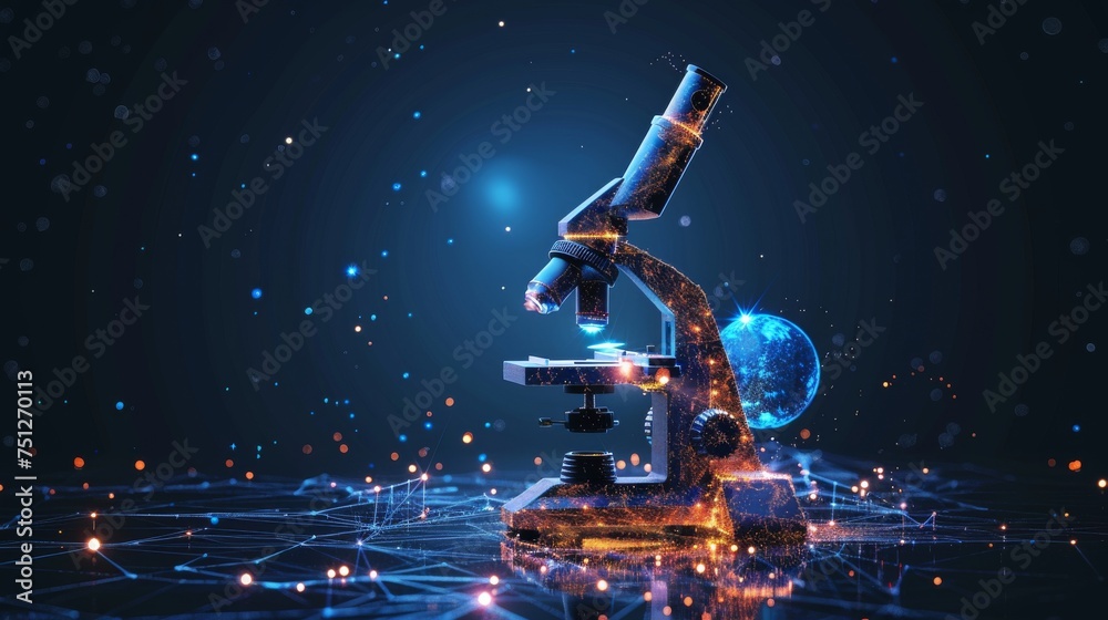 Poster Wireframe illustration of a microscope in the form of a starry sky, made up of lines, points, and shapes. A concept for education and science.