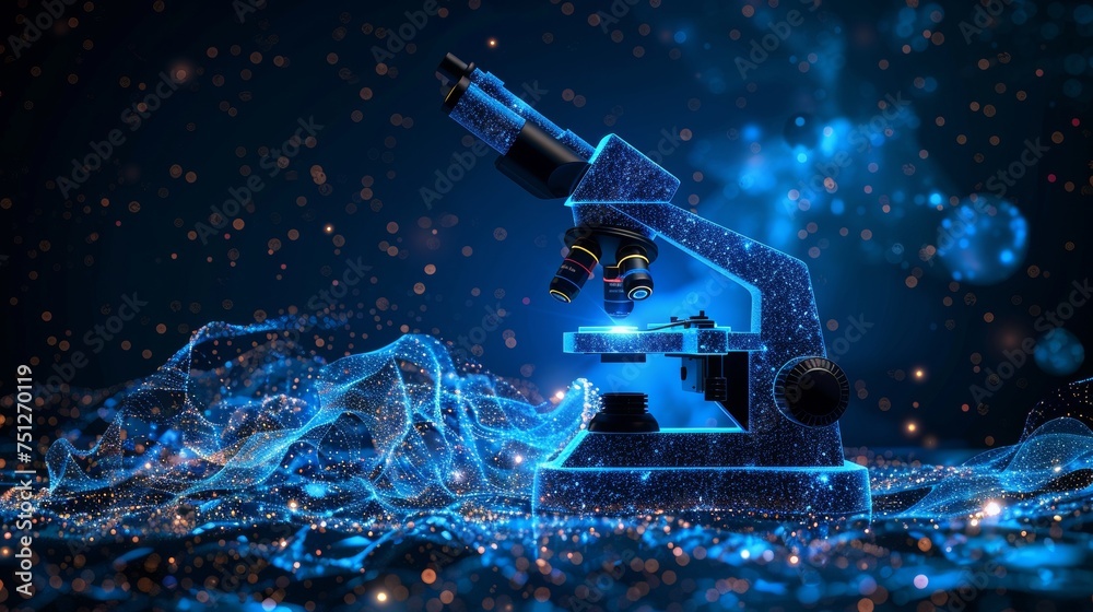 Poster Abstract image of a microscope depicting a starry sky. The image consists of points, lines, and shapes in the form of planets and the universe.  education and science wireframe.