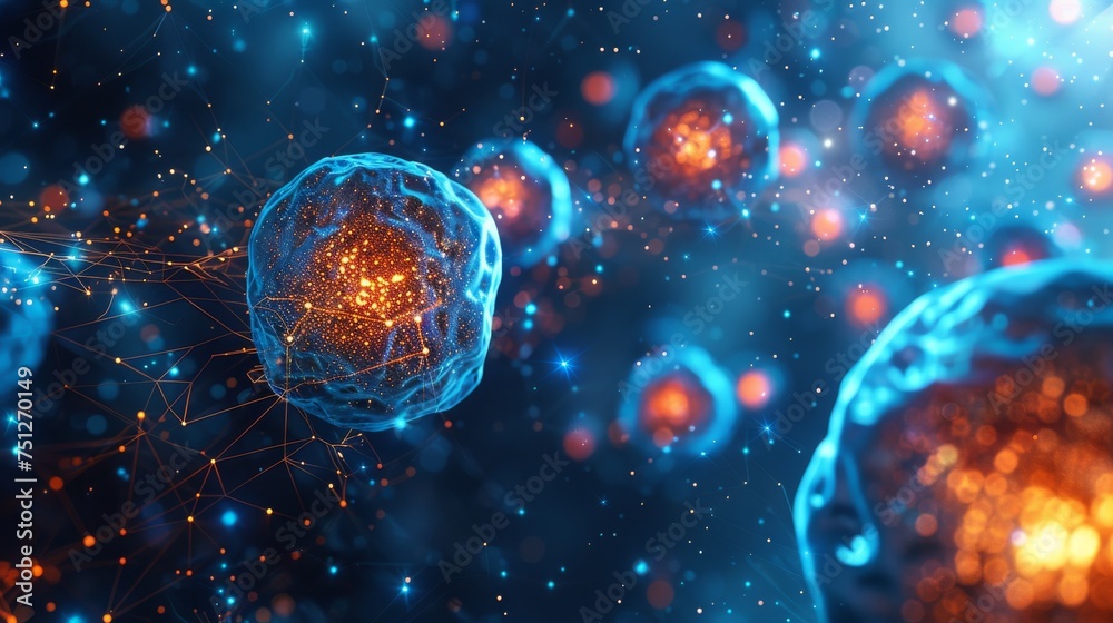 Poster cells that are cancerous. an oncology low poly wireframe. starry skies or space with points, lines, 