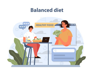 Balanced Diet depiction. A serene setting with individuals engaging in healthy eating.