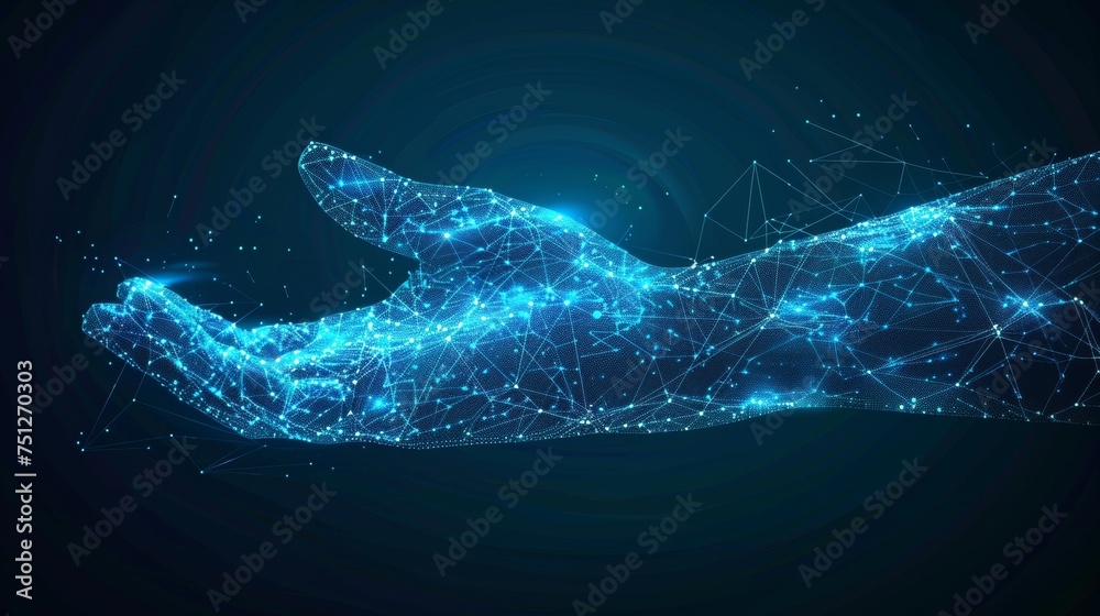 Poster isolated illustration of abstract hand giving a handshake. low poly style design on blue geometric b