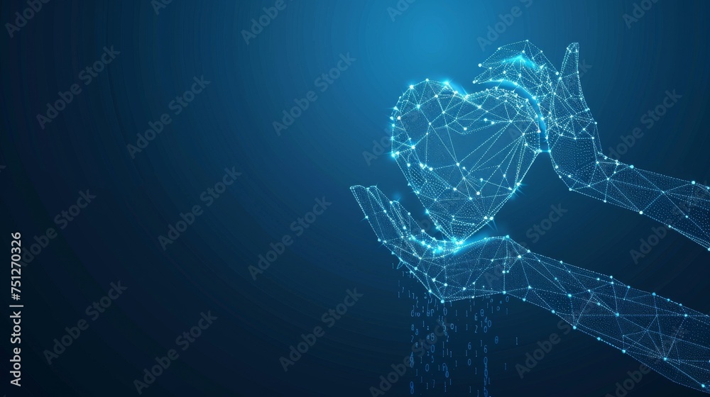 Leinwandbilder The abstract drawing shows an abstract hand with a read heart on a low poly background. Presenting the abstract geometric background with wireframe light connections. Isolated  illustration.