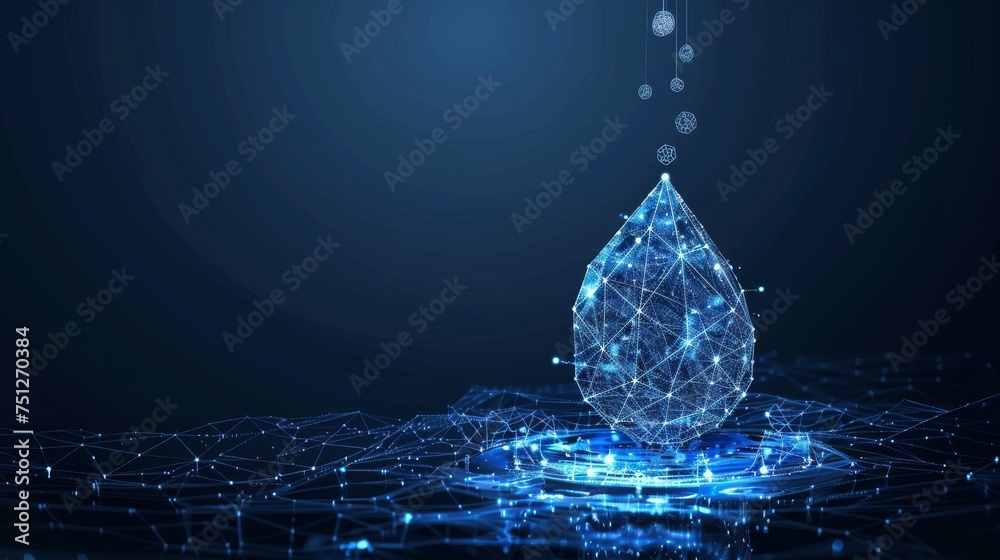 Fototapete Drop of water falling on a wireframe background. Abstract geometric design with wireframe light connections. 3D graphic concept isolated in  format.
