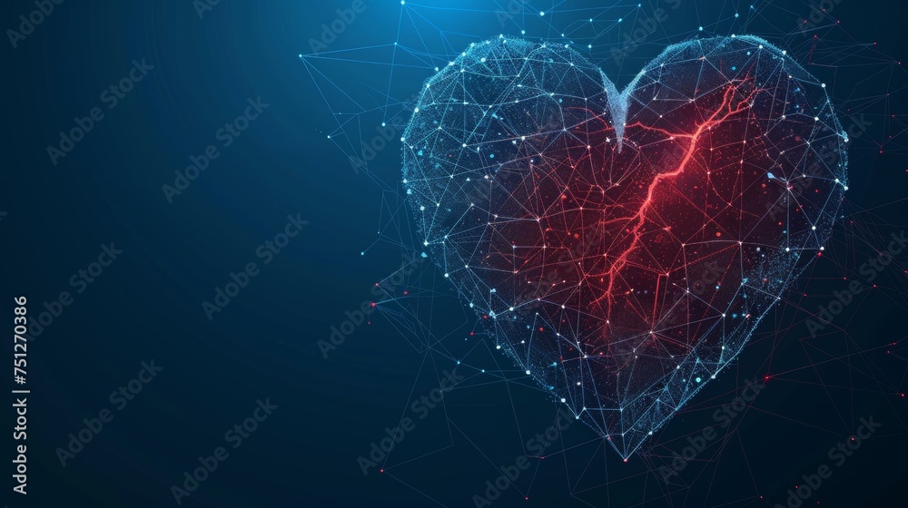 Fototapete An abstract heart shape with a red cardio pulsing line. Design with low poly style. Abstract geometric background. Isolated  illustration of a blue 3D graphic concept.