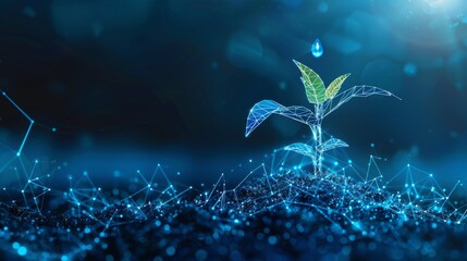 In this abstract illustration, a growing plant is shown in soil with a drop of water. The design is low poly and features a blue geometric background. Wireframe light connections create a modern 3D